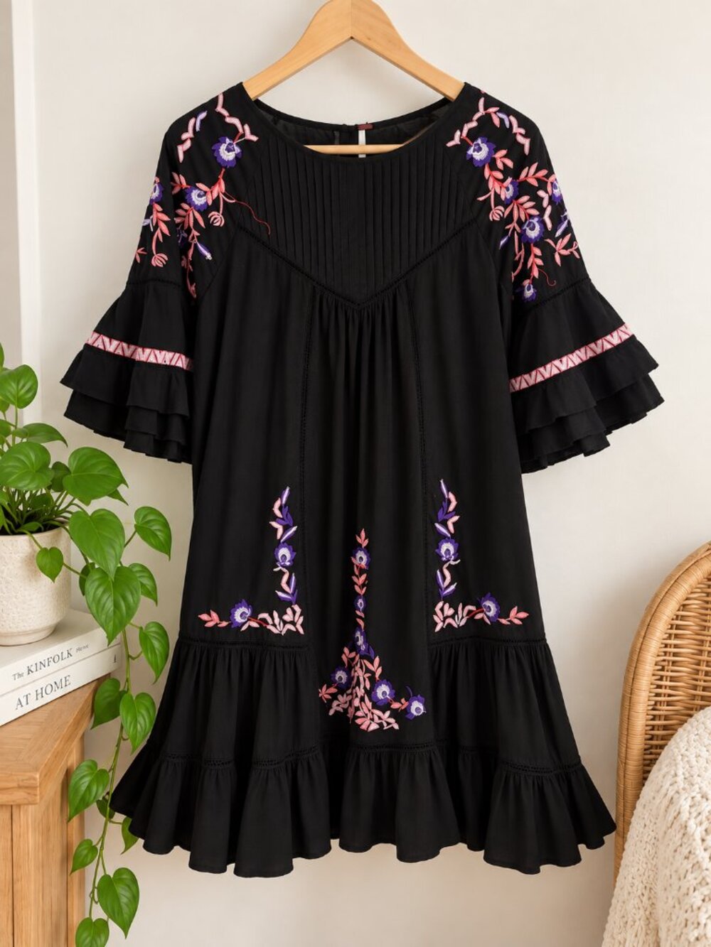 Free People Black Embroidered Boho Mini Dress